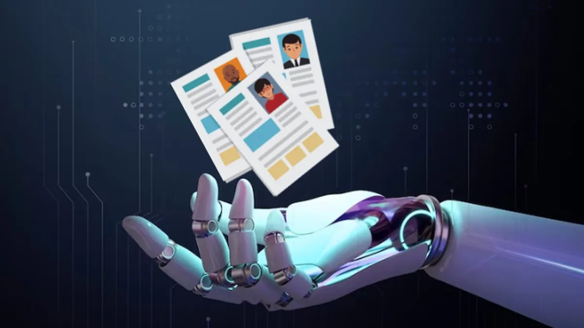 Ilustración de inteligencia artificial revisando currículums digitales