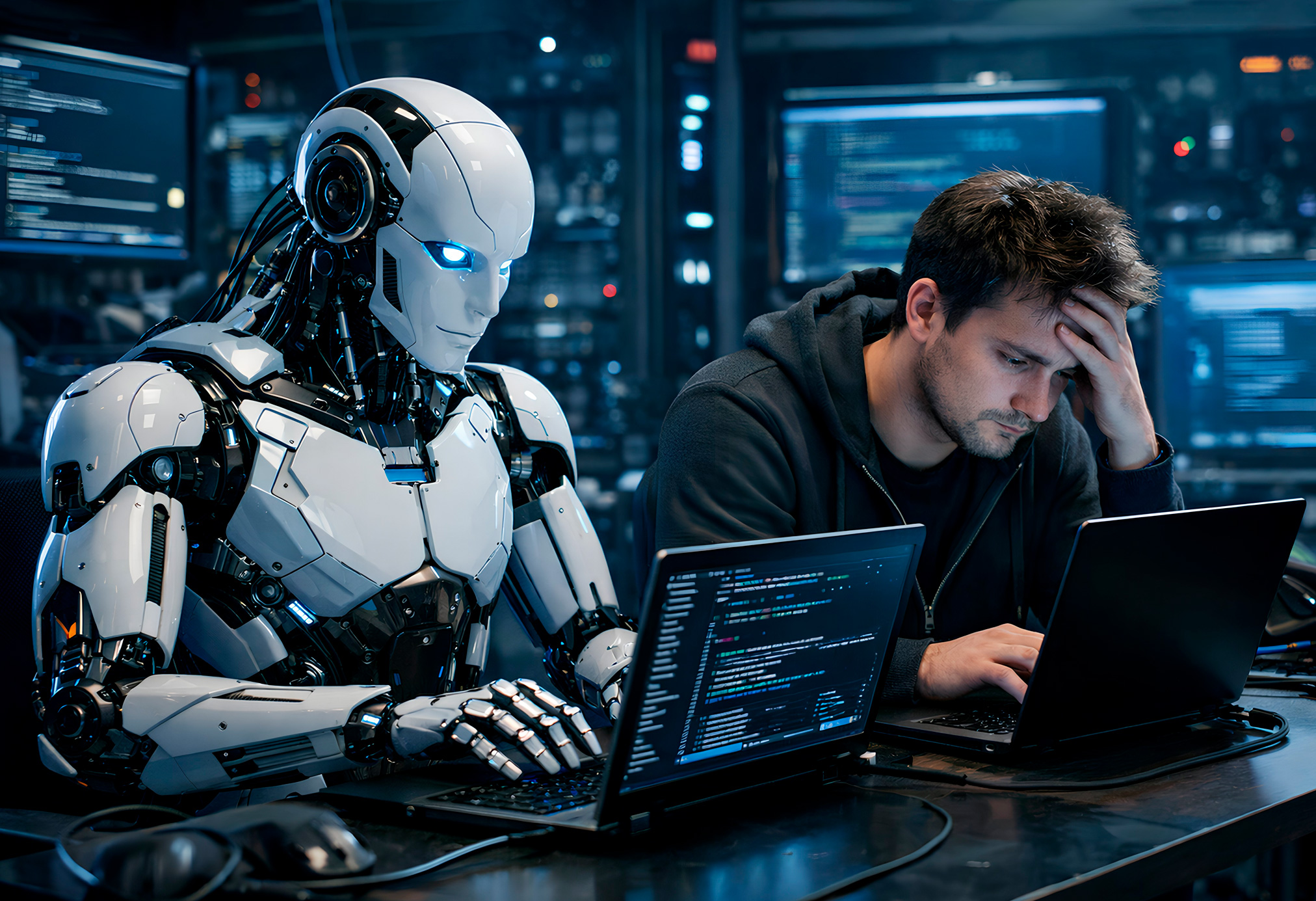 Persona desarrolladora revisando código y pruebas junto a un asistente de inteligencia artificial